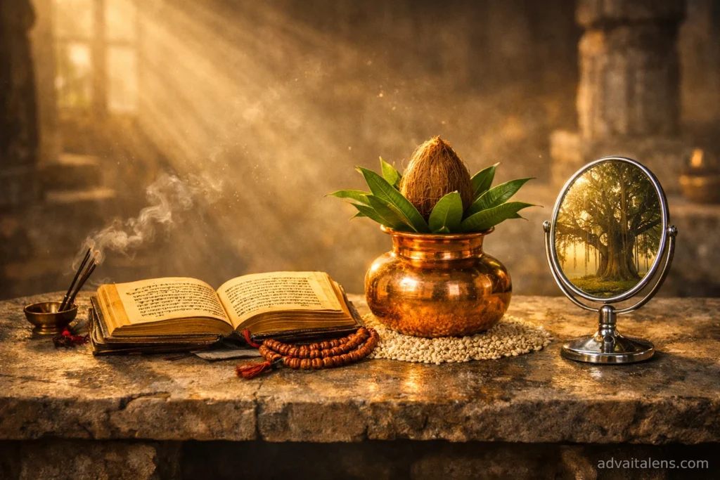 Bridging ancient Shastras with modern life through narratives, source scriptures, and rituals.