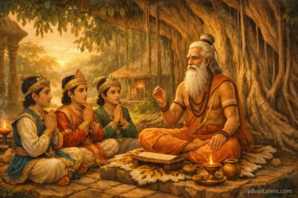 An elderly Brahmin scholar Vishnu Sharman sitting under a tree teaching three young Indian princes from palm leaf manuscripts.